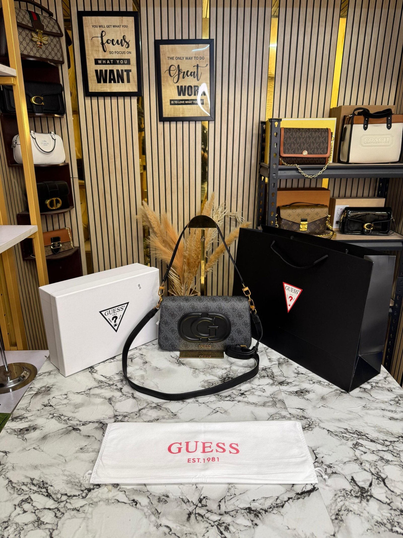 GUESS WOMENS ECO MIETTA FLAP SHOULDER PREMIUM BAG WITH OG BOX AND CARRY BAG ????????