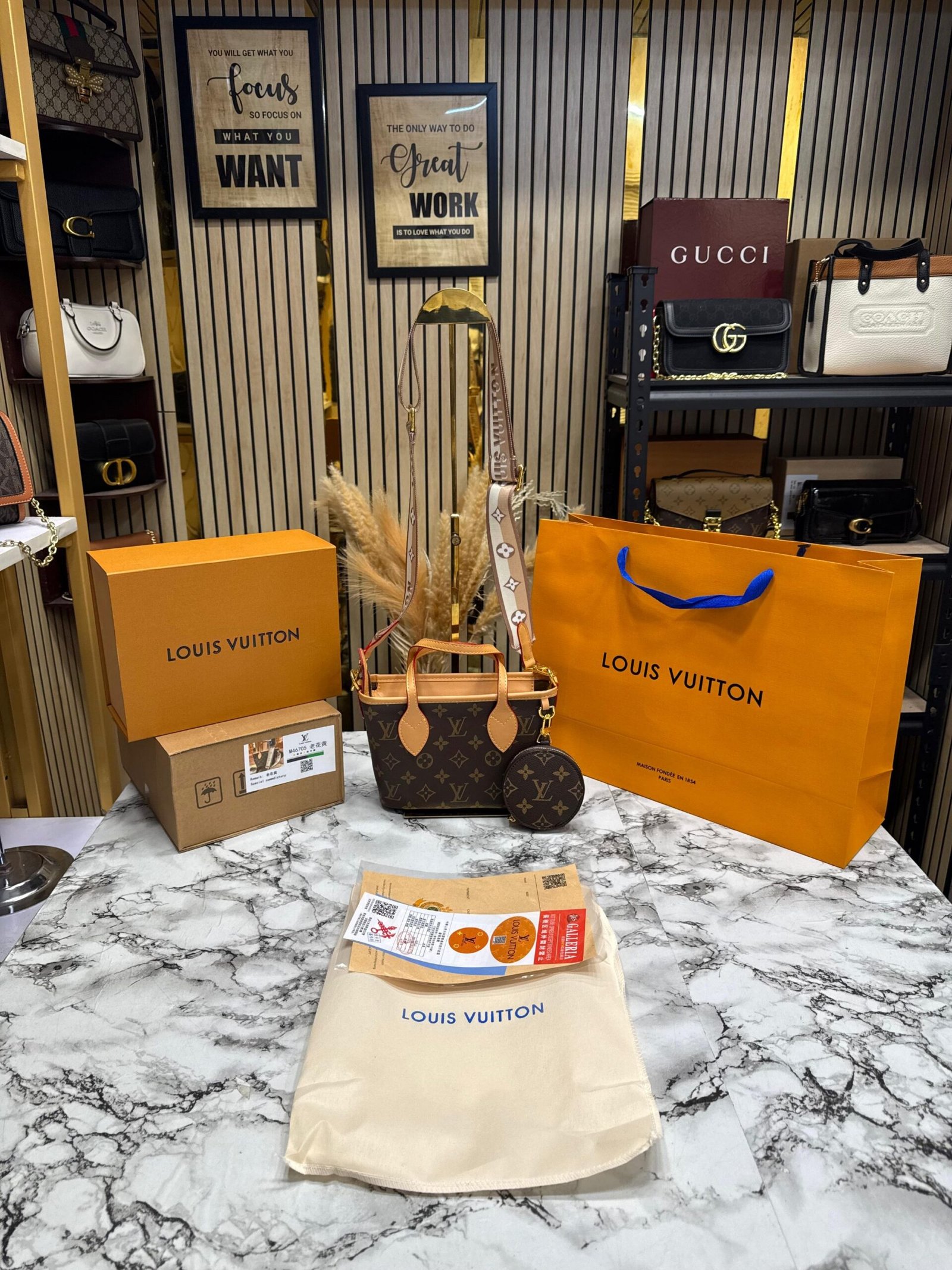 LOUIS VUITTON PREMIUM MINI  NEVERFULL BAG WITH OG DOUBLE BOX AND CARRY BAG